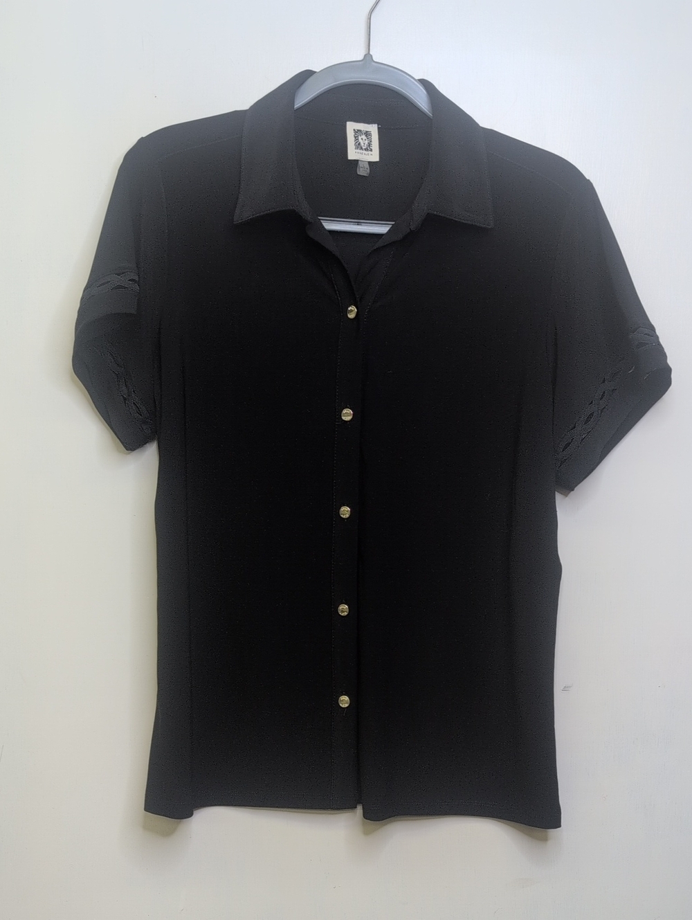 Black Short-Sleeve Button Front Top With Cutout Short Sleeves